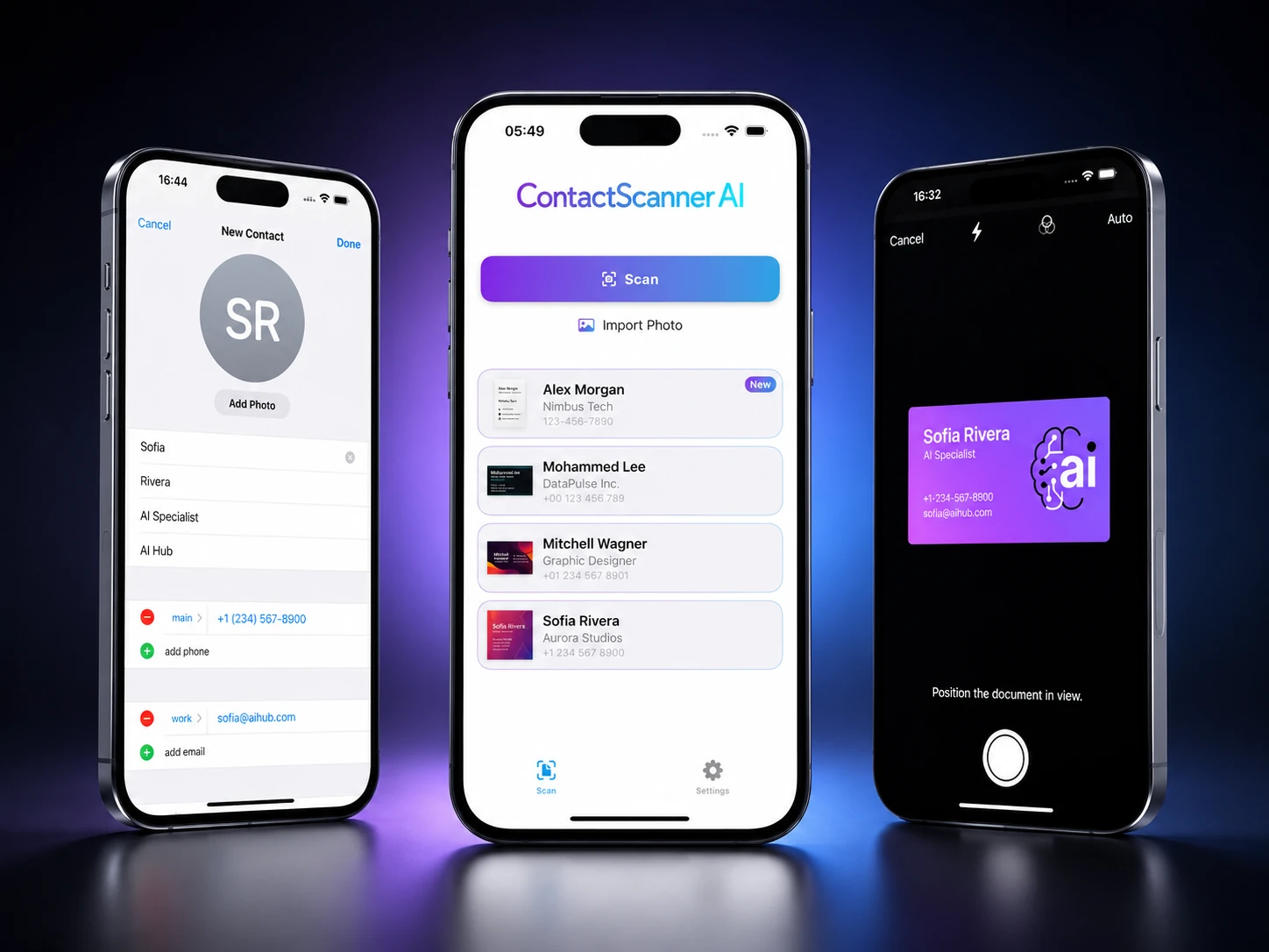 ContactScanner AI Produktansicht auf drei Smartphones
